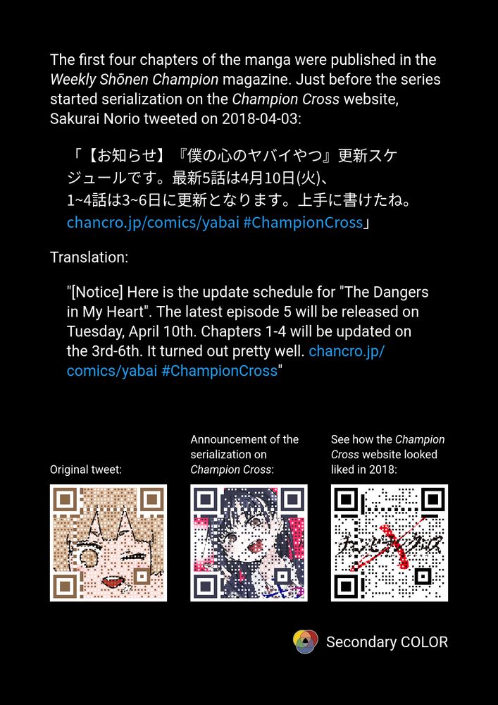 A page of white text on a black background. Three QR codes are visible at the bottom of the page. Captions of the QR codes are: "
Original tweet:", "Announcement of the serialization on Champion Cross:", and "See how the Champion Cross website looked liked in 2018:".

The text on the page reads:
«The first four chapters of the manga were published in the Weekly Shōnen Champion magazine. Just before the series started serialization on the Champion Cross website, Sakurai Norio tweeted on 2018-04-03:

    【お知らせ】『僕の心のヤバイやつ』更新スケジュールです。最新5話は4月10日(火)、
    1~4話は3~6日に更新となります。上手に書けたね。chancro.jp/comics/yabai #ChampionCross

Translation:

    [Notice] Here is the update schedule for "The Dangers in My Heart". The latest episode 5 will be released on Tuesday, April 10th. Chapters 1-4 will be updated on the 3rd-6th. It turned out pretty well. chancro.jp/comics/yabai #ChampionCross»