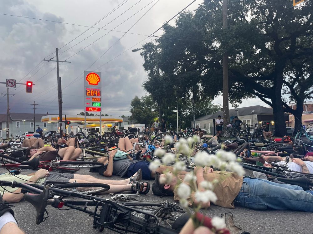 Innumerable protestors lie in an intersection, alongside their bicycles. Flowers in foreground, hazy fog or smoke in back. 