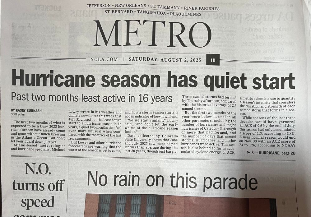 Newspaper with headlines: Hurricane Season Has Quiet Start and No Rain On This Parade. 