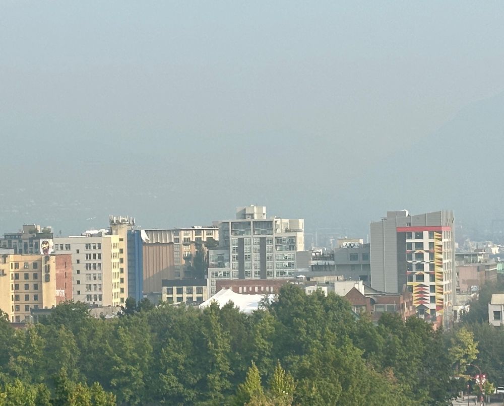 The same park backed by Chinatown in the foreground, except the crane is replaced by a building and everything is a little hazy. The rest is nearly completely replaced by a greyish taupe backdrop: blurry images of some buildings across the bay can be made out, and dark areas above them hint at the mountains. Weather reports say it is a sunny day, but smoke hides the sky more effectively than the clouds did last March.