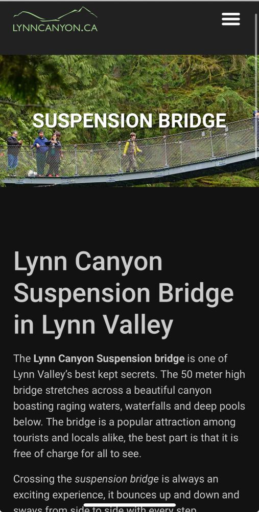 The Lynn Canyon Park web page for the suspension bridge, with informational text that starts “The Lynn Canyon Suspension bridge is one of Lynn Valley’s best kept secrets.”