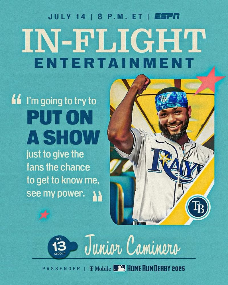 14 de julio | Texto a las 8 p.m. | ESPN

Entretenimiento a bordo

"Voy a intentar participar en un programa solo para darles a los fans la oportunidad de conocerme, ver mi poder".
 - Junior Caminero

Home Run Derby 2025