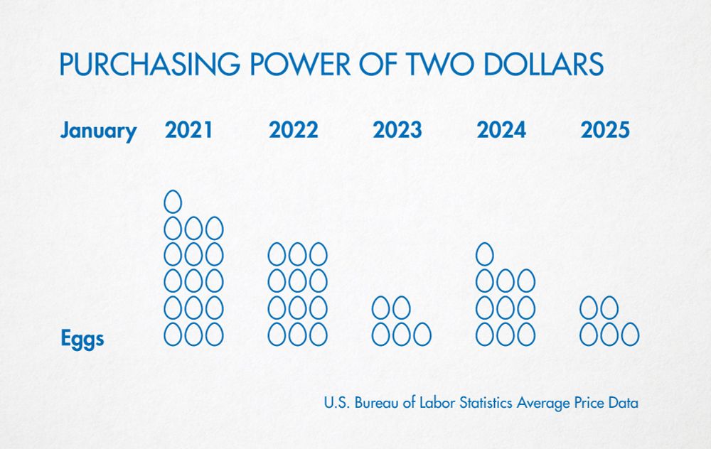 Chart showing how many eggs you can purchase with two dollars, from 16 in Jan 2021 to 5 in Jan 2025.
