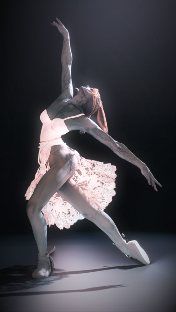 AEN wears Guinevere by Lye. They pose dance under a spotlight, which gives the image lovely bloom and bounce light. 