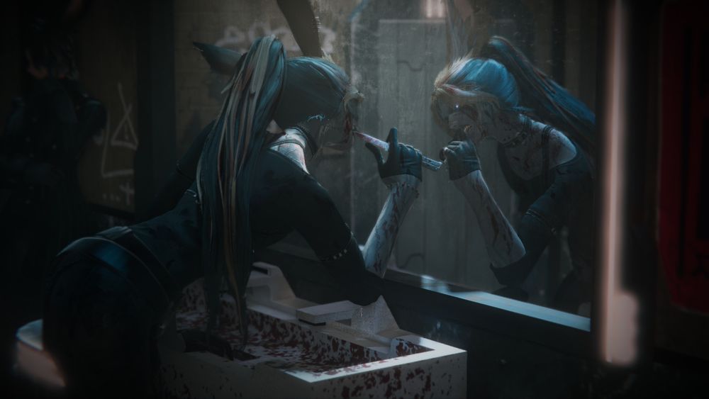 AEN leans against a bloodied sink while picking at their teeth with a butterfly knife. A dark figure looms in the background, waiting patiently against the wall. 