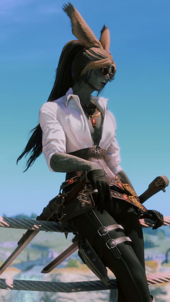 AEN lookin slick. white open shirt, collar's a bit popped, corset, dual gunblades, shades on. yea... yea, it's a look. 
