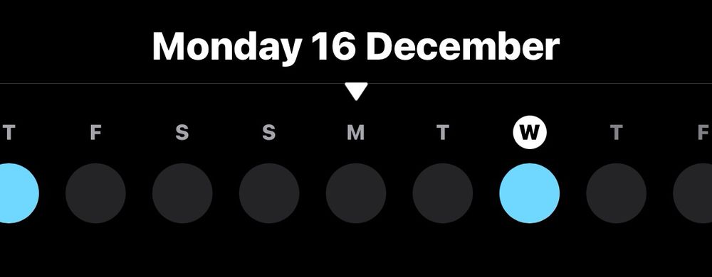 A time line of dots for the last calendar week.  Wednesday 18th and Thursday 12th are checked.  The rest are all unchecked