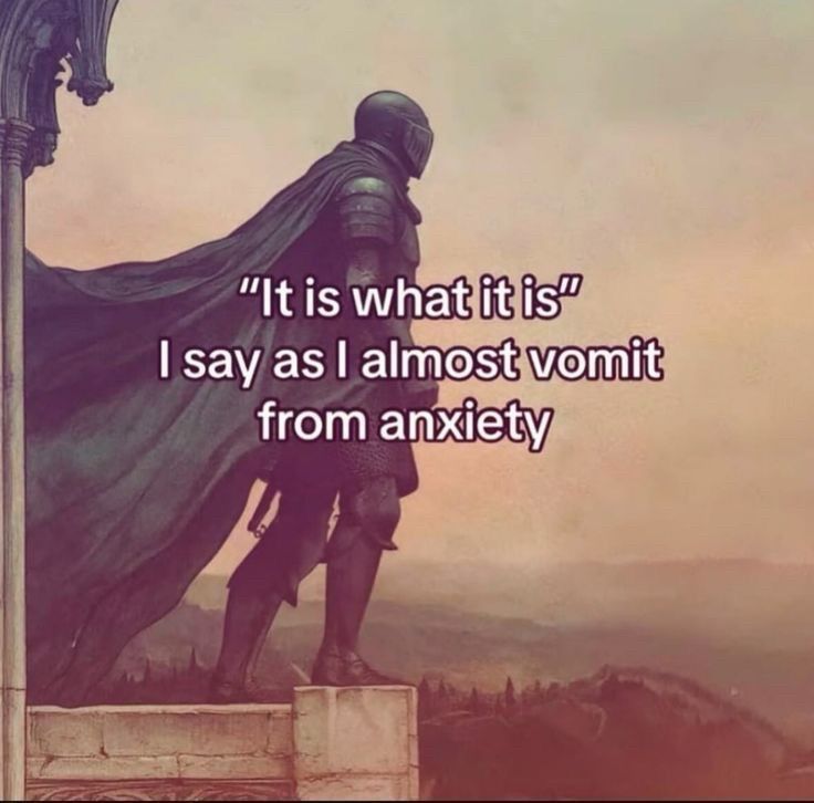 Knight standing on a ledge overlooking a landscape with a heavy filter on the image. Text overlaid says “It is what it is” I say as I almost from anxiety