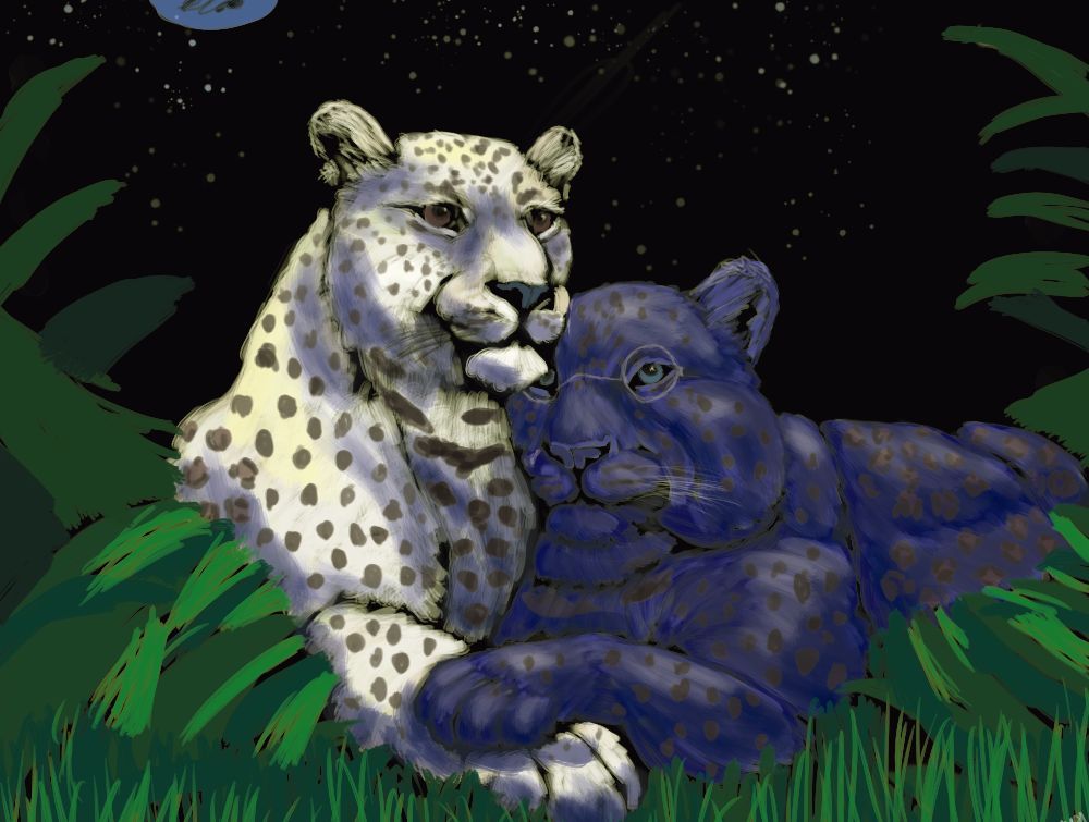 Painting made in Krita of two leopards under a night sky 