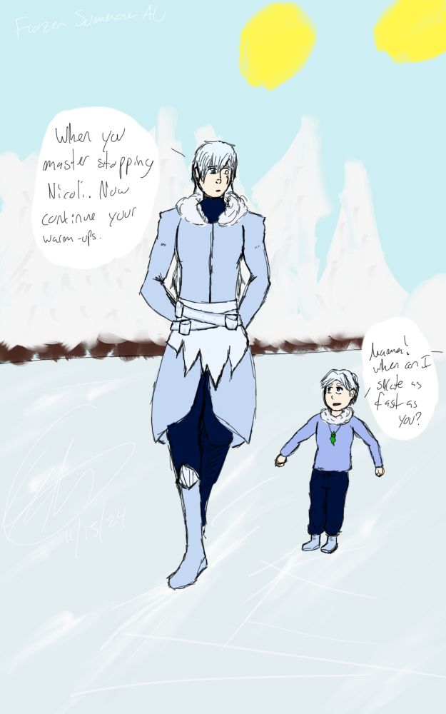 Weiss wearing a winter blue long coat as she casually skates on a frozen lake in the middle of a winter wonderland. Next to her is a young boy with a baby blue hoodie skating behind her. 

Boy, "Mama! When can I skate as fast as you?"
Weiss, "When you master stopping, Nicoli. Now continue your warm-ups." 