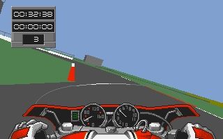 Screenshot of Team Suzuki by Gremlin Graphics, Amiga version pictured, from Mobygames contributor Martin Smith. Taking a corner from the seat of a motorcycle, with visible gauges for speed and tachometer. Since we're riding a motorcycle, the first person view is heavily tilting as we take the turn.