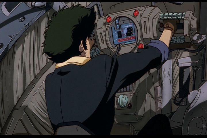 A shot from inside the cockpit of Spike Spiegel's "Swordfish" personal spacecraft. Though the pilot's seat has back support, Spike leans forward to handle the controls, which are arranged somewhat like that of a motorcycle, with the instrument cluster congregated into a circular display between two handlebars.
