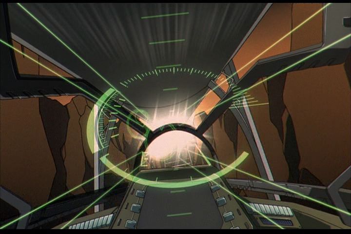 First-person shot from a pursuit craft during the film's climax. Instrumentation is highly-stylized in-helmet heads up display.