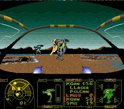 Screenshot of MechWarrior (SNES, 1993, Beam Software) from MobyGames contributor Mobygamesisreanimated. The cockpit is largely in shadow, but still finds room for a circular radar, limb and heat status of the player's mech, the weapons bank, and the health status of the current target. A bubble windshield with reinforcement struts is also drawn here, which none of the other three versions got.