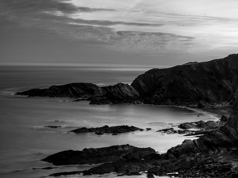 Black and white photograph of Hele Bay in North Devon.