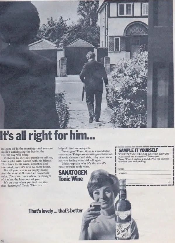 Advert for Sanatogen Tonic wine saying "It's all right for him" as the husband goes off to work with a lady drinking a galss of tonic wine