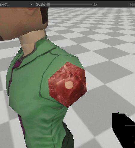 NPC with missing arm, texture is a collage of jamones