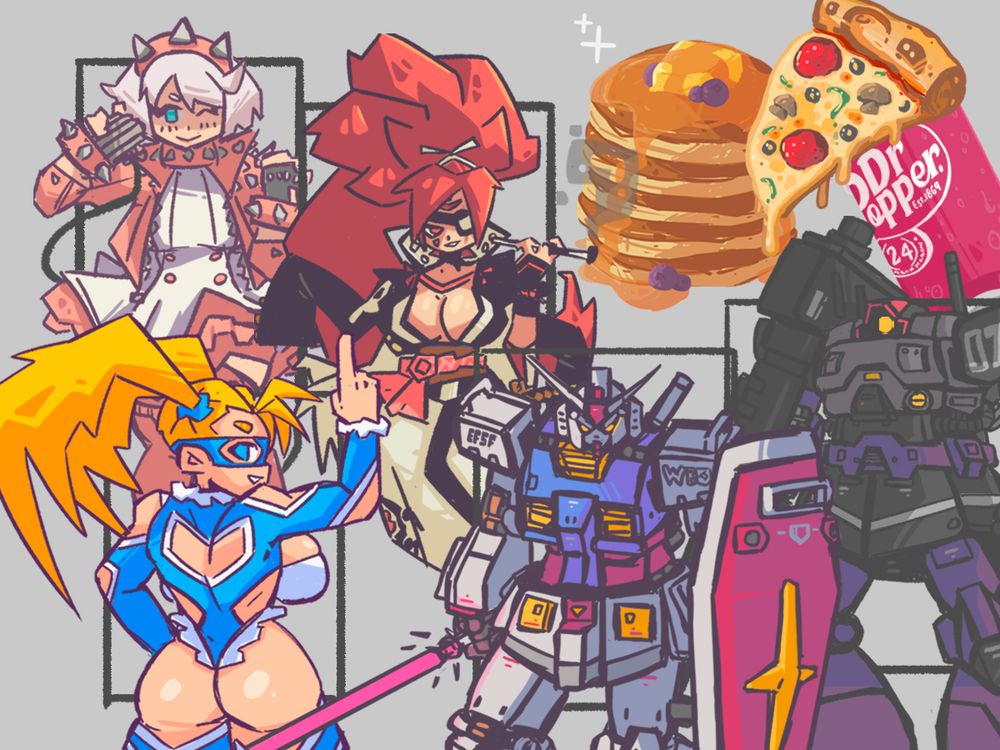 My software board with my art from the last 4 months or so:
-Rainbow Mika
-Baiken
-Elphelt
-RX78-2 Gundam
-MS Dom
-A stack of Hotcakes
-A slice of Pizza
-A can of non-copyrighted Dr.Popper