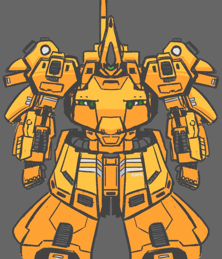 Mobile suit developed by Paptimus Scirocco for his exclusive use. Fielded during the Gryps Conflict (Zeta Gundam), this massive suit was very agile despite it's size, aided by the great amount of thrusters it possesed.

Visually it's a very bulky mobile suit, it's legs and head desig remind a lot of the Zaku's with a distinct mono-eye and all, presented in a yellow color that, personally, gives it an almost industrial design.