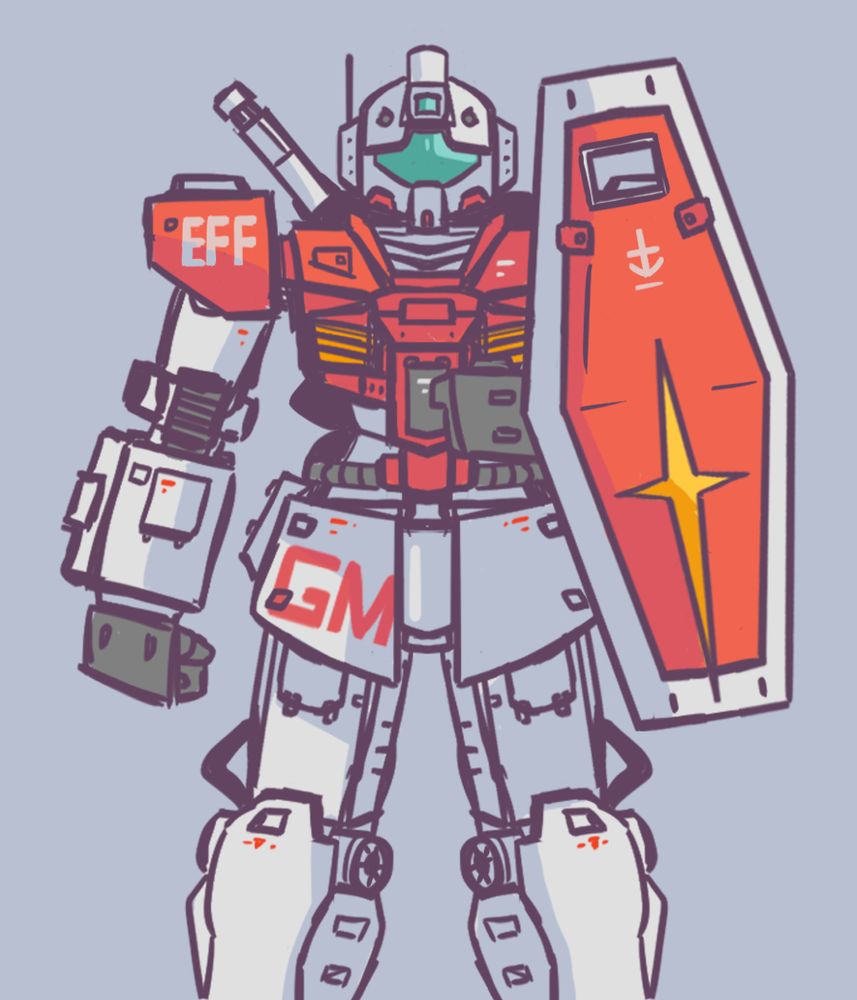 The RGM-79 GM (Jim) Was the mass produced mobile suit deployed by the Earth Federation during the One Year War. Based mostly on the appearence of the RX78-2 with a more simpler frame, to easily adapt it for space or ground combat. 

The most commonly known Jim has a red torso and shoulders, with white waist, legs and arms, it's head is white too, with a visor instead of "eyes".