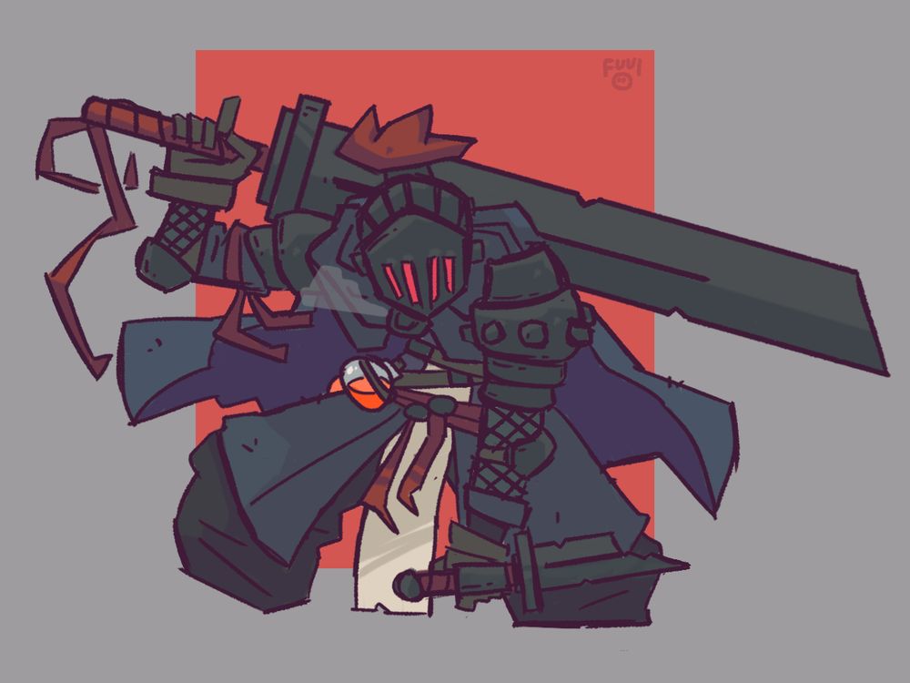 A knight in dark armor, and blue cape, hunched forward, with a red glow seen coming from his helmet, his left hand holding a broken short sword, and his right hand, holding the handle of a big bulky broadsword supported by his back.