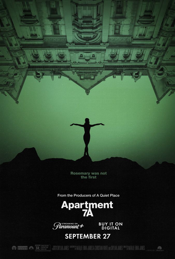 Film poster of Apartment 7A - prequel to the iconic horror movie Rosemary's Baby. A dark silhouette of a dancer on a gradient green background, with a sinister looking gothic apartment building looming over the female figure. 