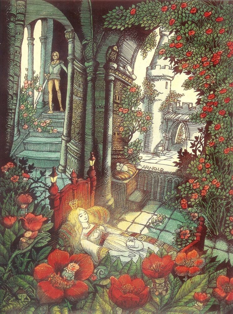 Illustration of a castle room overgrown with roses. A prince is standing at the top of a stair, looking down on a sleeping princess on a bed. Art by Hans Arnold. 