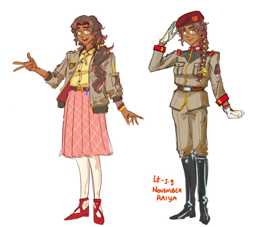 design drawings of a gundam federation pilot OC, one in uniform and the other in a casual outfit. shes cute