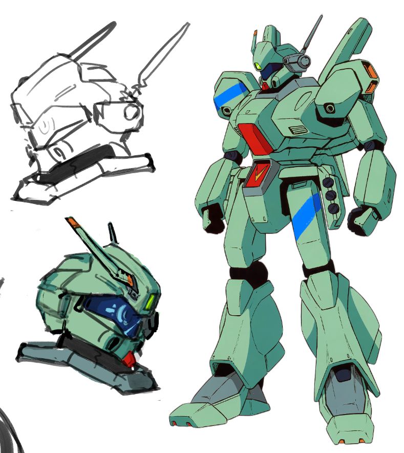 sketches and a modification of the char's counterattack jegan line art to give it a half v-fin. there are blue stripes painted on its left thigh and right shoulder