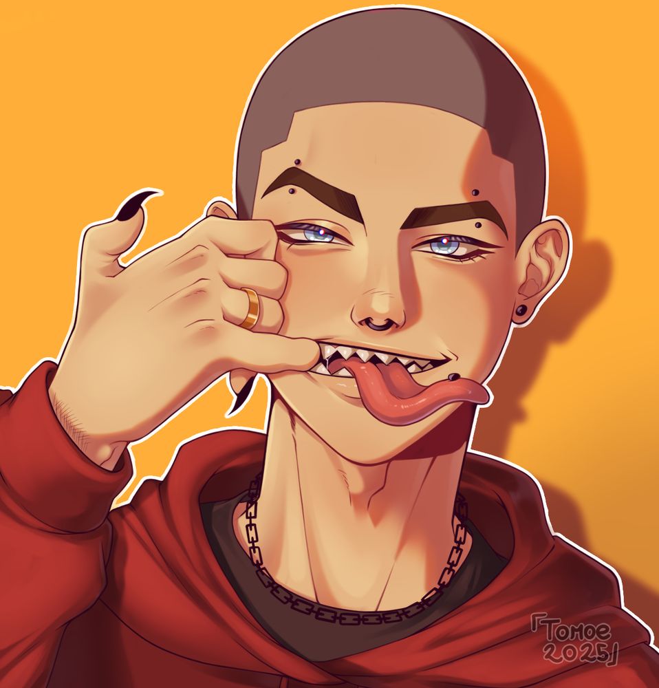 A colored and rendered bust commission of Vinny, looking at the viewer with a playful, toothy grin on his face, his pinky finger stretching his mouth open so you can admire his teeth while his long tongue coils and sticks out of his mouth. 