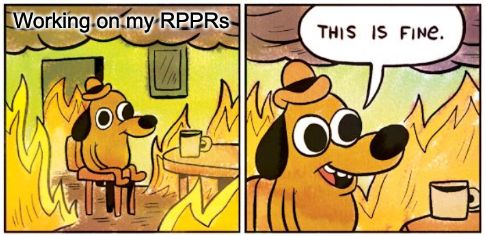 "This if Fine" meme with caption "Working on my RPPRs"