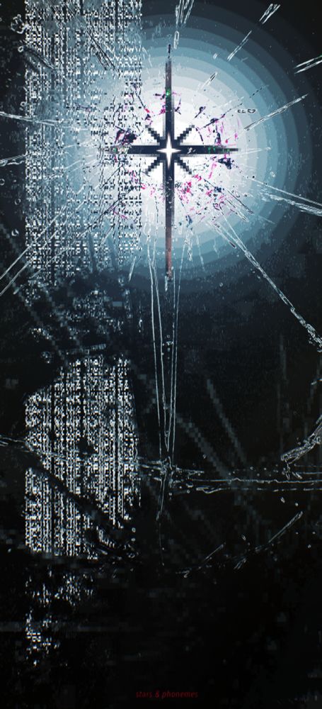 a high-contrast artwork depicting glass cracked by a bright mixel star.
the frame is very tall and at the bottom there is red text that reads "stars & phonemes"