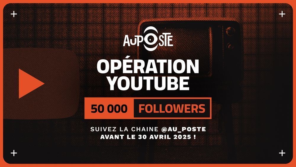 Appel à suivre la chaine Au Poste sur Youtube, principalement du texte. avec une vieille télé dans le fond