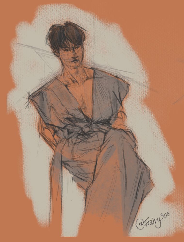 Digital sketch of seonghwa in that grey drapey outfit he wore at the fashion week 
He is sitting down looking hot and serious.