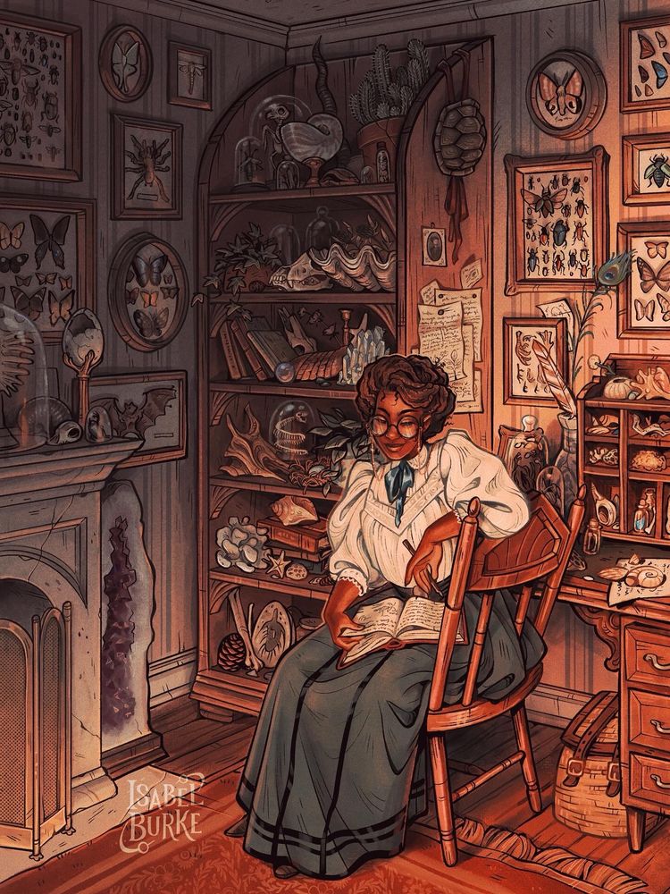 An illustration of an edwardian-era woman sits in a chair in warm afternoon sunlight in an office covered floor-to-ceiling in natural curios. Shells, tree matter, feathers, bones, frames full of bugs, and plants litter the room. The woman sits in a moment of pause, holding a pen, her other hand leafing through a notebook filled with scrawlings. The woman has brown skin that glows in the warm light, glasses, and textured hair pulled into a Gibson-girl-era sweeping updo. She wears a white blouse with billowing mutton sleeves that extend just beyond her elbows, and a deep green skirt lined with black ribbons. 