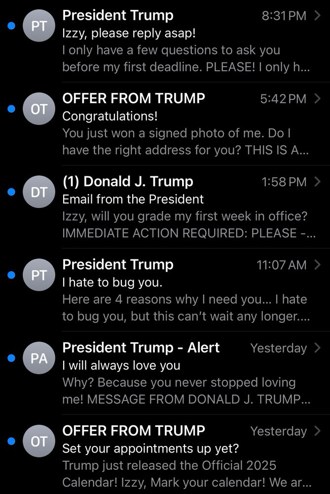 An email inbox flooded with desperate and clingy messaging from the current US president’s team begging for money