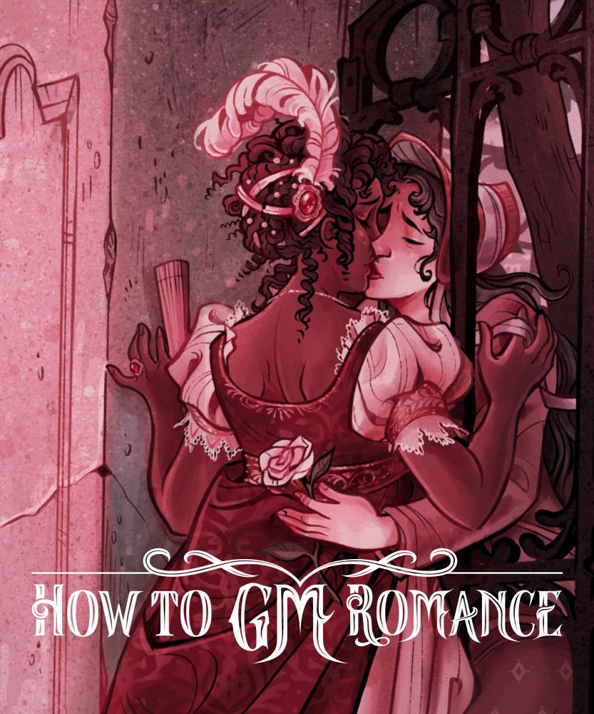Two women dressed in regency-style wear kiss passionately between the bars of a wrought iron garden gate. One women, with dark skin wears a sumptuous velvet red gown with puffy white sleeves and lacy trim, her curly dark hair is pinned with pearls, brooches inlaid with gems, and fluffy plumage. One hand clutches the shoulder of her lover, the other lingers on a stone barrier, holding a folded fan. The woman on the other side of the gate, of South Asian descent, wears a simple woven bonnet and a plain dress, her dark hair tumbles loosely down her back. One of her hands wraps around the waist of the woman in velvet clutching a single pale rose. Their expressions convey a sense of yearning, separated by barriers of rigid class expectations —their love is forbidden but inevitable. The hue of the piece is pinks and reds, the color of sinking sunsets and blushing cheeks. 