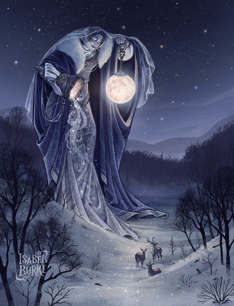 Digital artwork of a woman dressed in early medieval robes carries the moon suspended from a chain as she backs across a snowy forest clearing. Underneath her arm is tucked a wicker basket that is tipped to the ground, spilling with stars and twinkling light that scatters to the snow on the ground. The snow sparkles in the light of the moon she carries, and in the valley of the clearing is a small herd of tiny deer, dwarfed in size by the goddess above them. The artwork is colored in shades of pale blues and yellows to emphasize a wintry atmosphere. 