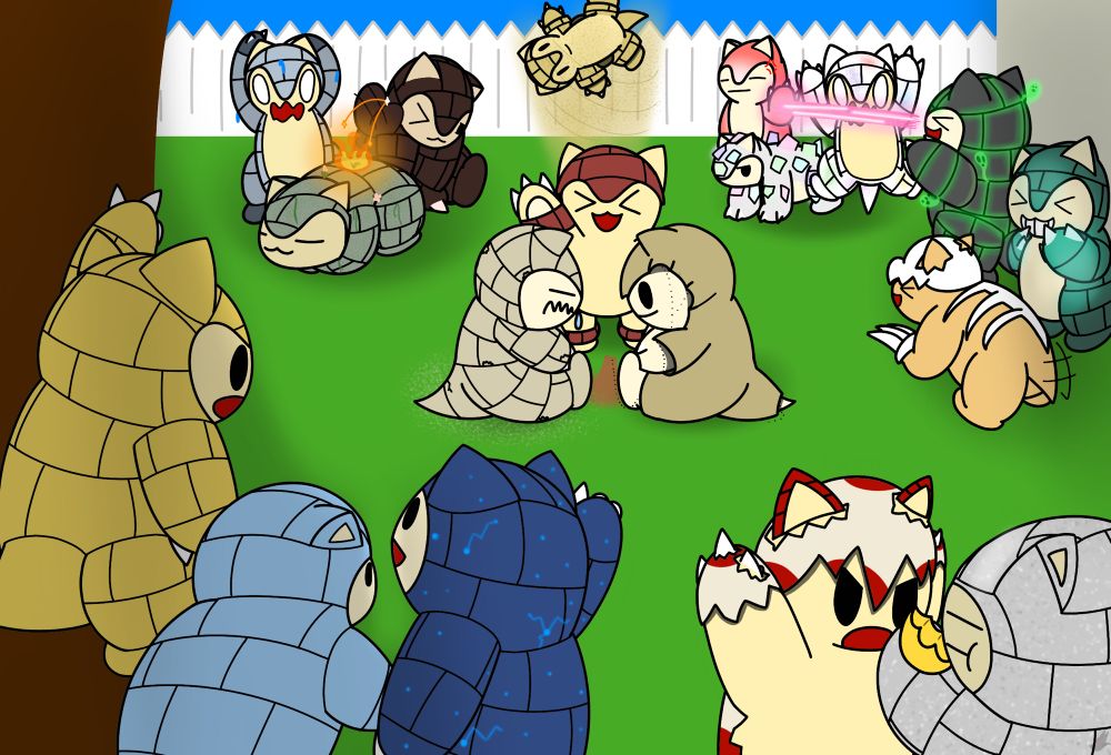 Lil Pokédex entries for the new forms :3

Fire: Their hides have been used as fire starters for generations. Even a small spark is said to engulf a house in flames.
Water: The hide located on their back and limbs have a rougher texture compared to the inner hide. Oshawotts have been seen sharpening their Scalchops against these Sandshrews.
Grass: The flora growing on their hide is believed to share nutritions with its host. When food is scarce, this Sandshrew is said to sunbathe for long periods of time.
Normal: Their hide takes on a chalky texture. Even small bits of berry juices can change the color of their hide.
Rock: It is theorized that the bones on their back stems from an ancient ancestor of the Sandshrew. They utilize the sharp bones on their paw for digging and fighting. 
Electric: Living within areas abundant with Chargestones, these Sandshrews are speckled with bits of ore. When angry, bolts of electricity arc around their hide.
Fighting: It is said the hide on their limbs act as weight training tools. When their hides are removed, their true power can be awakened. 
Ghost: A ghostly green aura can be seen seeping out between their hide. Legends say that these Sandshrews prowl graveyards, looking for wandering spirits to consume.