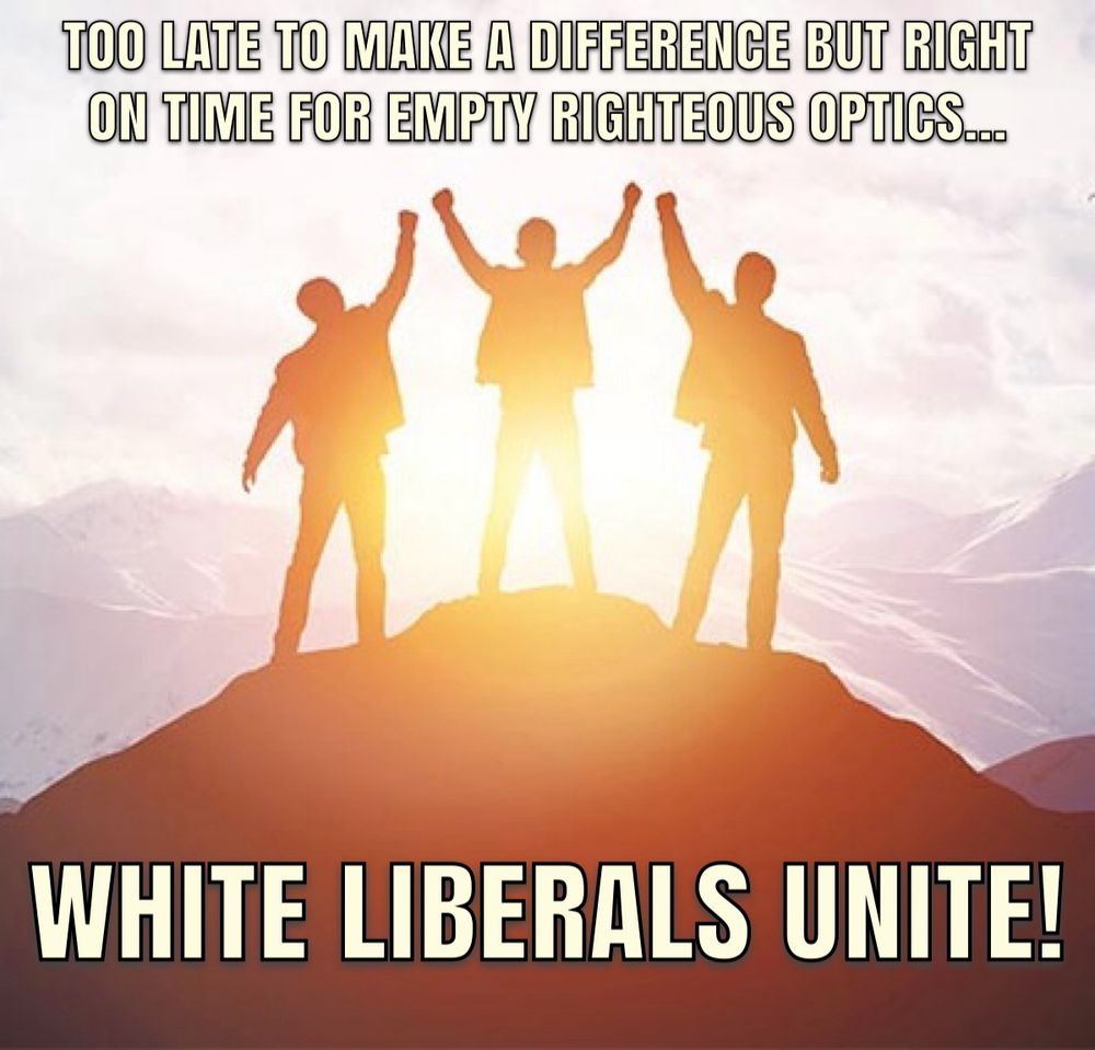Image of people raising their fists in triumph on a mountain top with the words “Too late to make a difference but right on time for empty righteous optics. White liberals unite!”