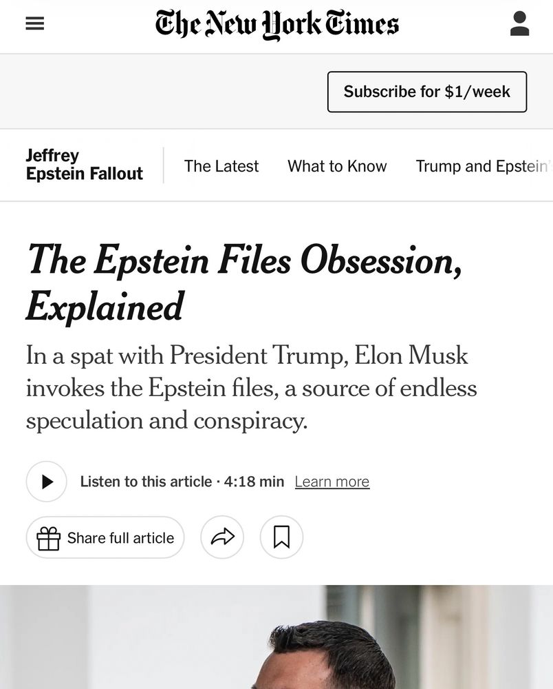Headline from a New York Times article describing the Epstein Files as an obsession.