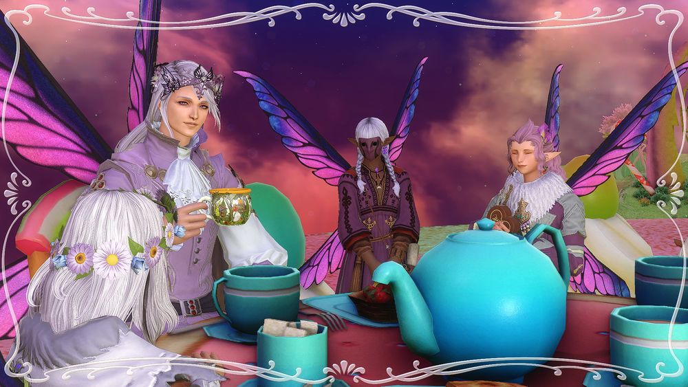 hythlodaeus in an au as king of the fairies. he is at a tea party surrounded by his daughters: from left to right, atropos, lachesis, and clotho, all dressed in purples and their hair all shades of hythlodaeus's. atropos has her back turned to the camera; lachesis's face is shrouded by a purple mask, and clotho seems happy with a large piece of chocolate in her hands.