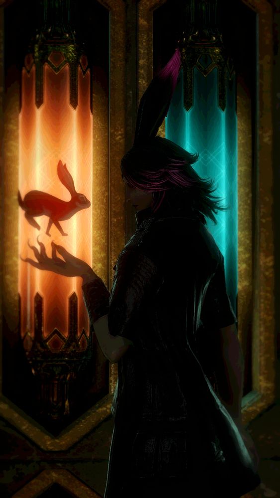 My OC Lucius in Anamnesis Anyder. He solemnly regards a rabbit, framed by an orange concept crystal. He is framed by a blue concept crystal on the other side.