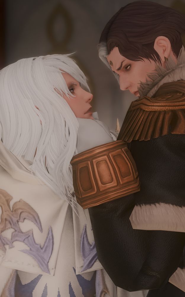 A GPOSE of Elidibus and Emet-Selch. Emet-Selch is grabbing Elidibus by the chin and forcing him to look into his eyes.