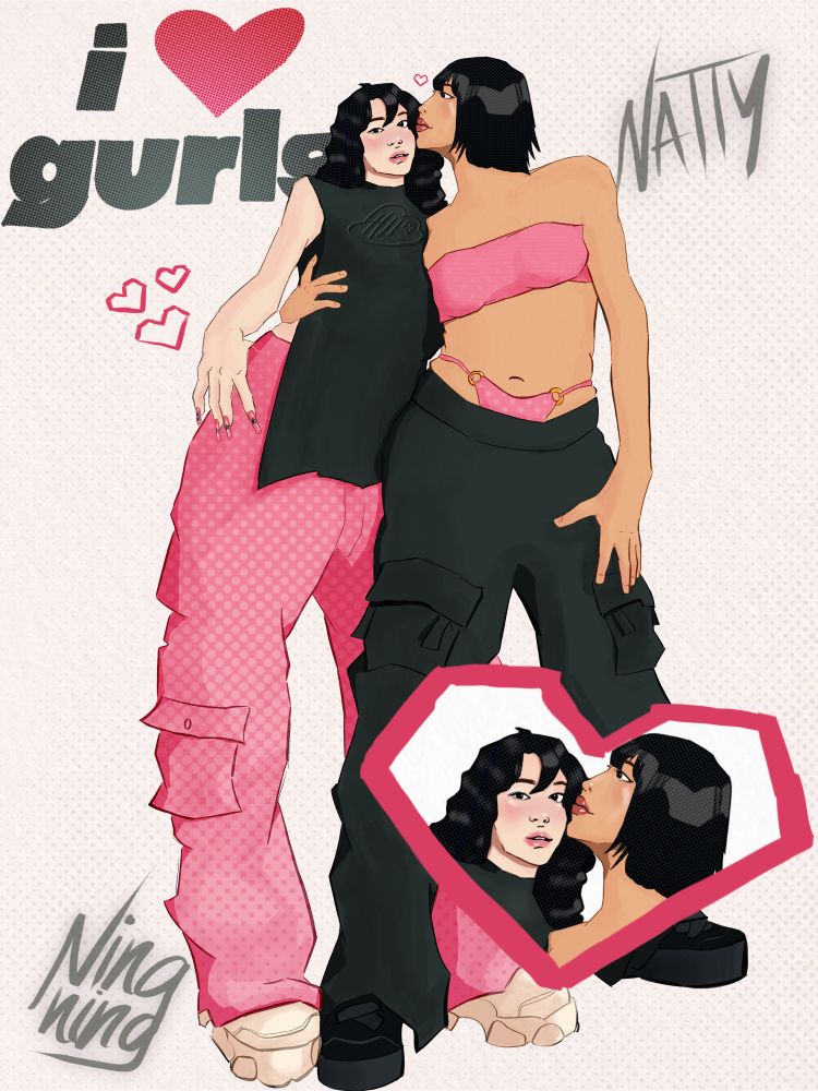 Digital art ningning from kpop group aespa and natty from kpop group Kiss of Life standing side by side. Natty has her hand around ningning’s waist and her head is facing ningning’s face like she’s about to kiss her cheek. Ningning is looking to the camera. They are both wearing chunky shoes, cargo pants and one has on a high collar tank top and the other has on a cropped tube top. Their outfits are both pink & black. They both have black hair and bangs, ningning’s is long and wavy, natty’s is a blunt bob. Behind ningning’s shoulder in the top left corner there is text that reads “i heart gurls” in a similar logo to a shirt she wore in real life to an interview with natty. In the bottom right corner, in a pink heart, is a closeup of their faces which have pink blush and cheek, nose and eye highlights. in the other corners next to the respective person are their names. On ningning’s shirt are the letters HLL, in a cloud next to a simple lily drawing, standing as Heavens Lily lover’s signature.