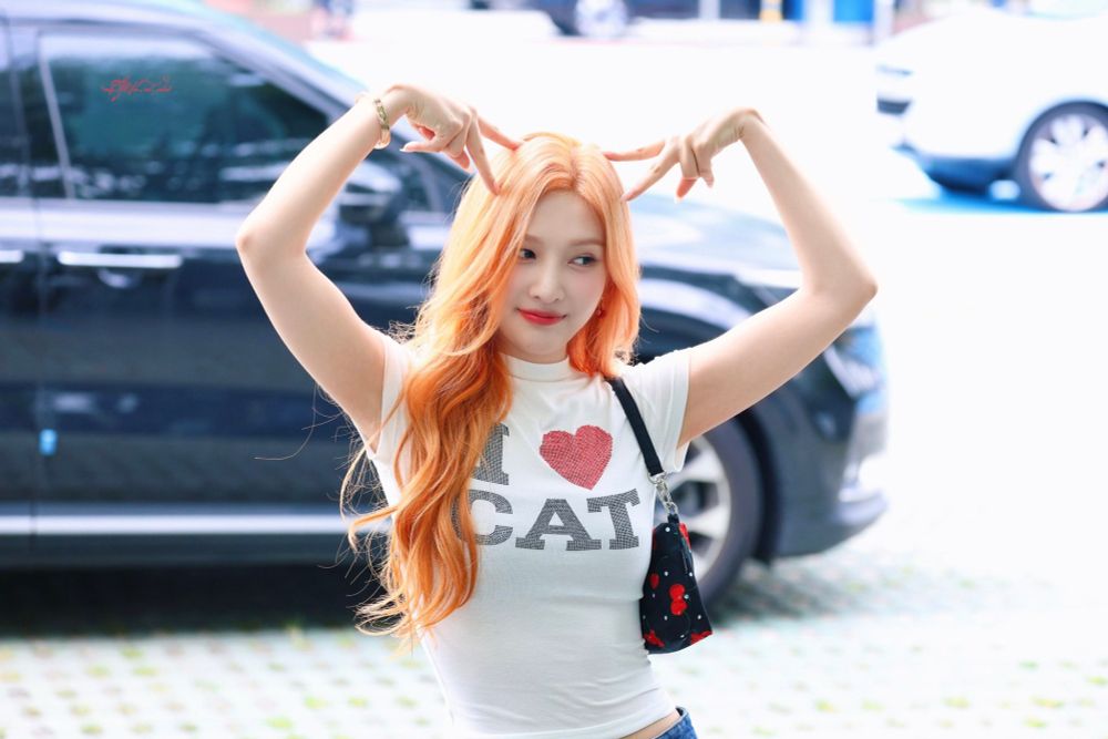 Photo of joy from kpop group red velvet with long orange hair making cat ears on her head and wearing a baby tee that says I heart cat
