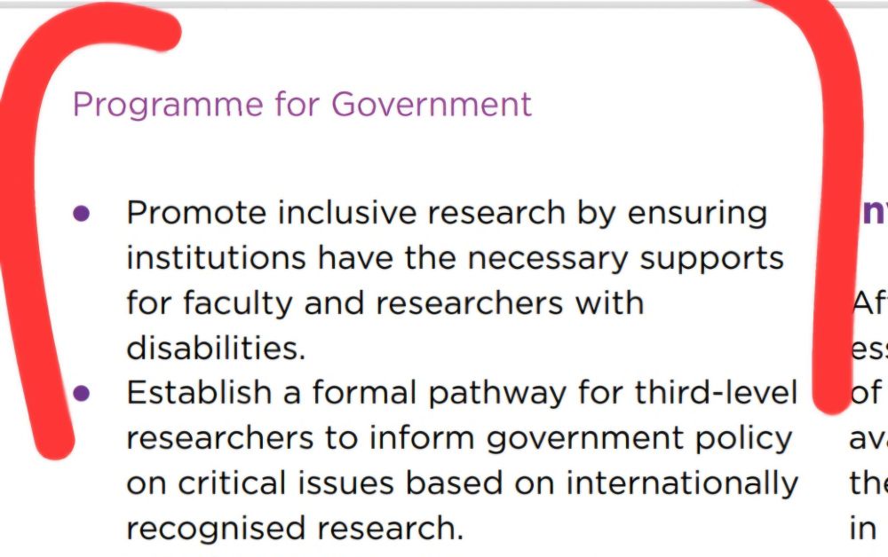 Text reads: 'Programme for Government: Promote inclusive research by ensuring institutions have the necessary supports for faculty and researchers with disabilities. Establish a formal pathway for third-level researchers to inform government policy on critical issues based on internationally recognised research'