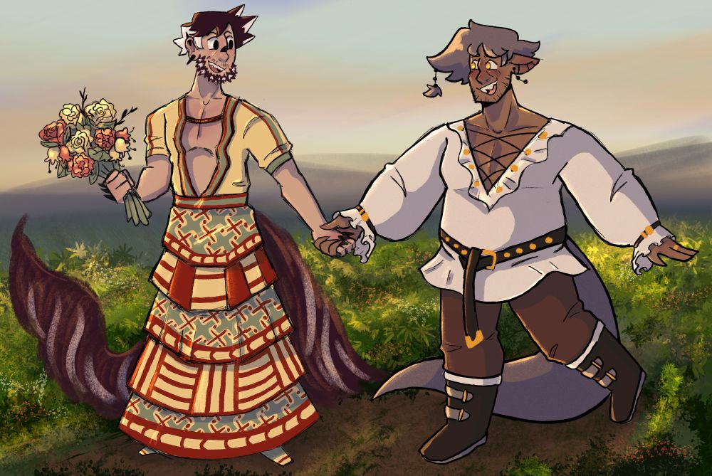 Two men with dinosaur features holding hands in a flower field