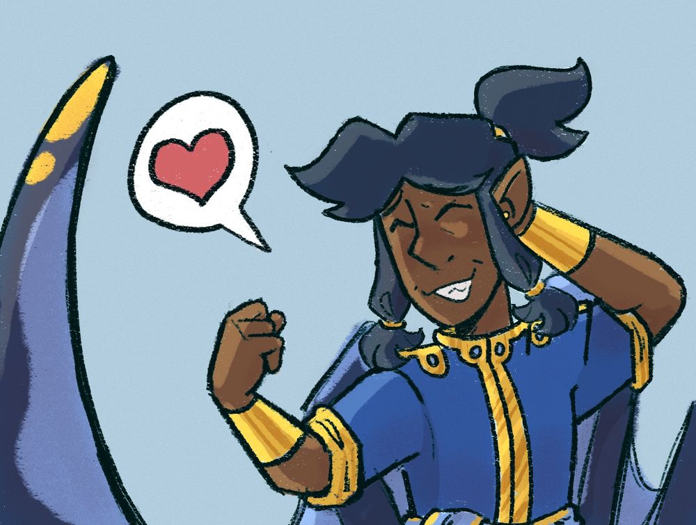A boy with pterosaur wings smiling with a heart