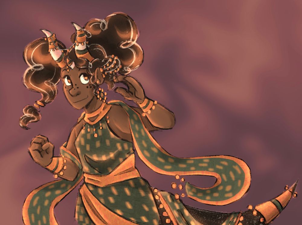 Girl with curly hair, triceratops horns, and tail wearing a green and copper flowy outfit  